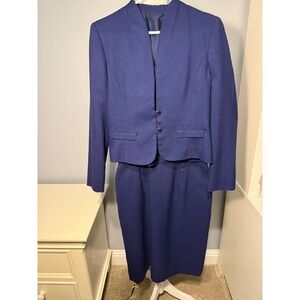 Vintage Navy Blue Skirt Suit Set Collarless Cropped Blazer Midi Pencil Skirt S